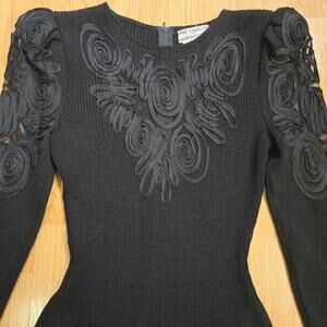Vintage Pat Sandler Womens Black Knit Dress 8 Sheer Lace Embroidered Whimsigoth